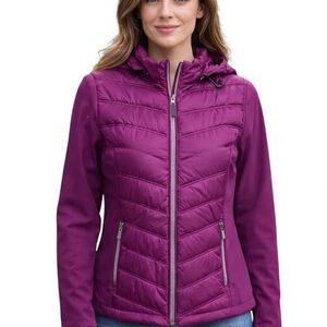 Cleo Puffy Jacket/Vest, raspberry, solid sleeves, hood, lined, lightweight, sz S